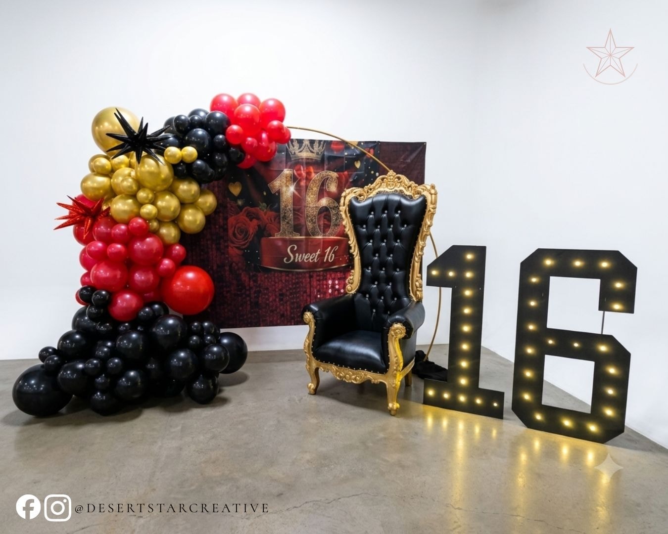 Sweet 16 party celebration setup with balloon garland throne and marquee numbers